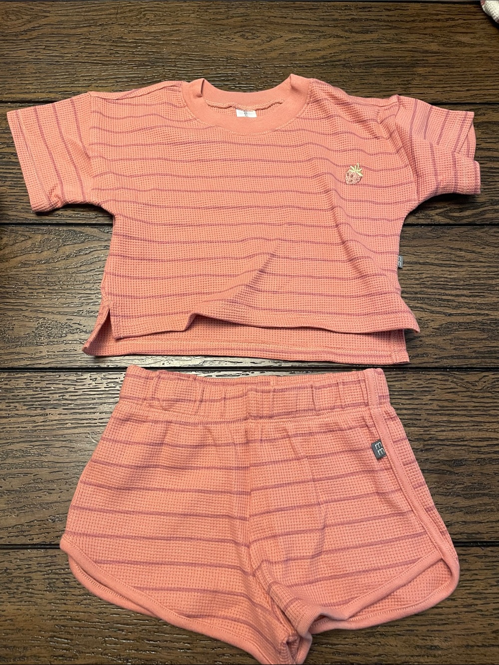 Gerber Pink Waffle Knit Short Sleeve Matching Set with strawberry Accent